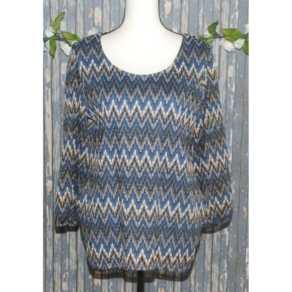 Coral Bay Blue & Brown Chevron Print Blouse Top Size L Sheer Lined 3/4 Sleeve - Picture 1 of 7
